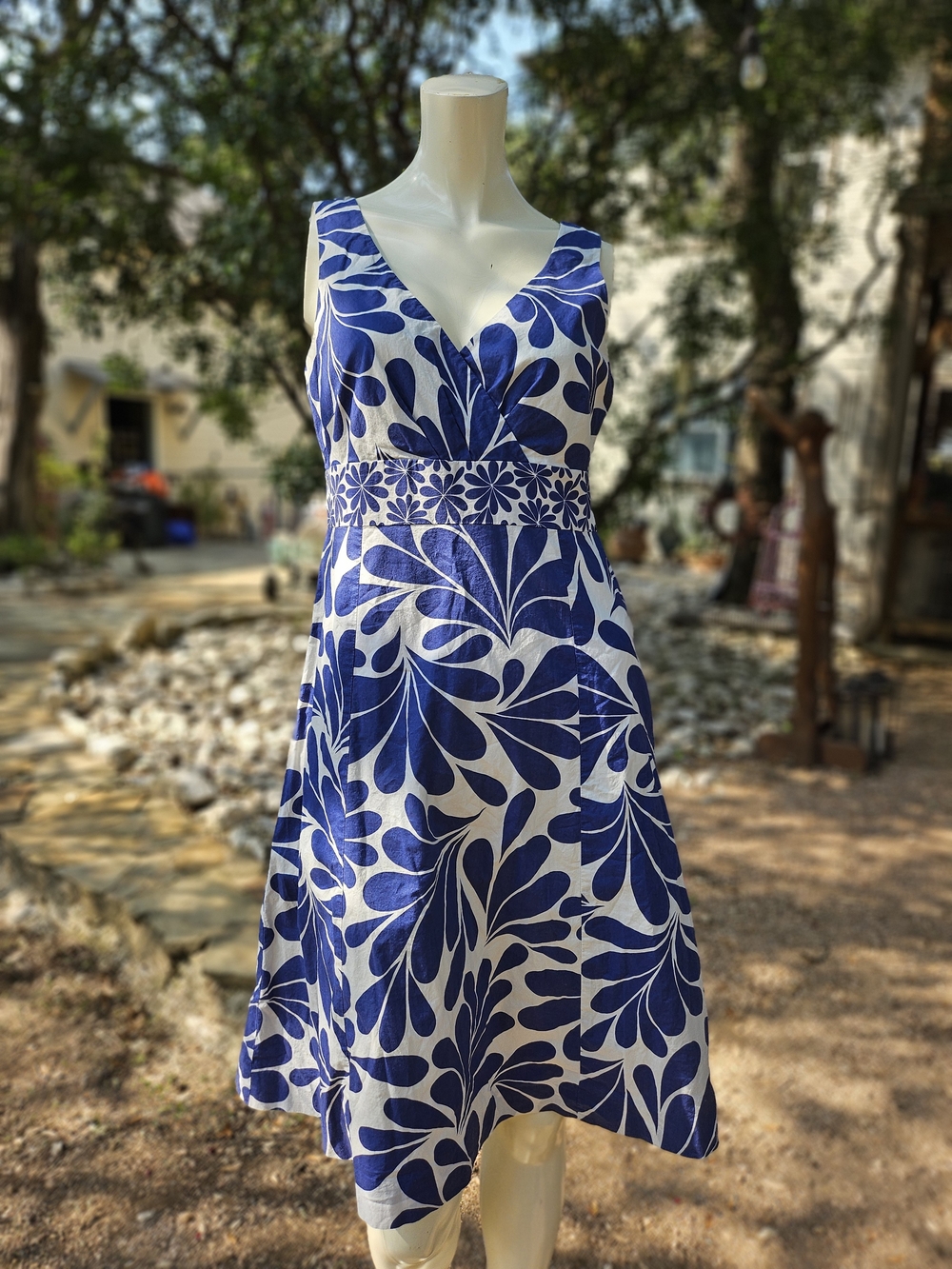 Boden Blue & White Cotton V-Neck Midi Dress 6R